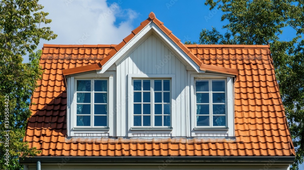 Elegant Copper Roof with Dormer Windows, Showcasing a Beautiful Home Building with White Shades and Rectangular Glass Panes Elegant Copper Roof with Dormer Windows, Showcasing a Beautiful Home Building with White Shades and Rectangular Glass Panes