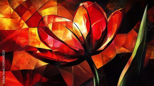 Abstract flower illustration with red petals and green leaves against colorful background.