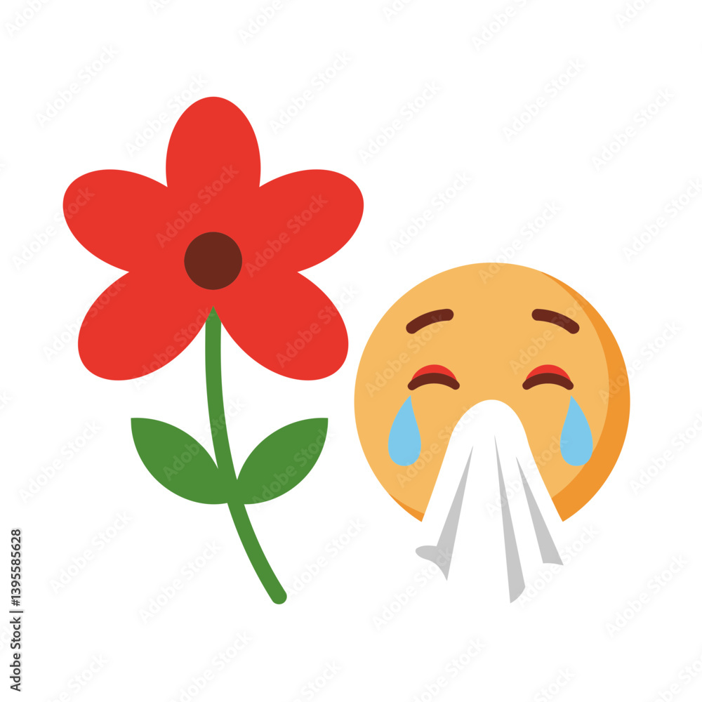 Fototapeta premium Allergic Reaction: An emoji suffering from seasonal allergies, represented with tears and a tissue.