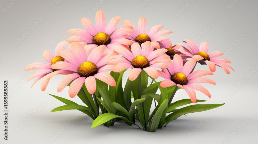 Obraz premium Pixelated Pink Flowers with Yellow Centers on Light Gray Background