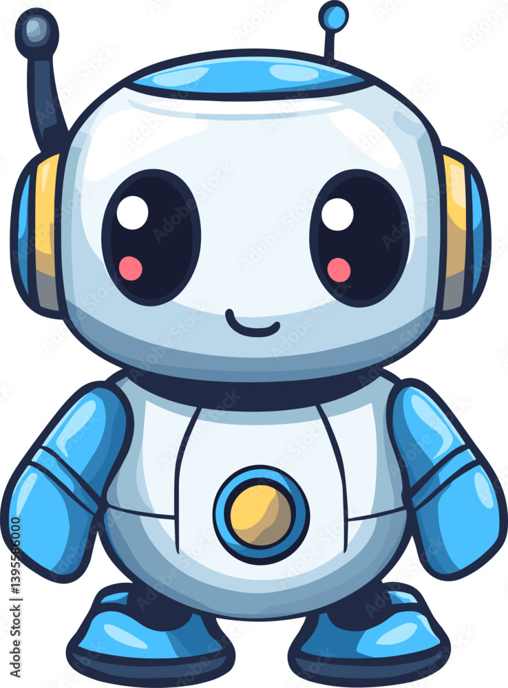 Smiling blue and white cartoon robot with big eyes and blush cheeks, illustrated in a cute and friendly kawaii style, perfect for kids and tech-themed designs Smiling blue and white cartoon robot with big eyes and blush cheeks, illustrated in a cute and friendly kawaii style, perfect for kids and tech-themed designs