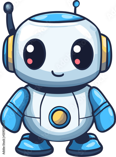 Smiling blue and white cartoon robot with big eyes and blush cheeks, illustrated in a cute and friendly kawaii style, perfect for kids and tech-themed designs