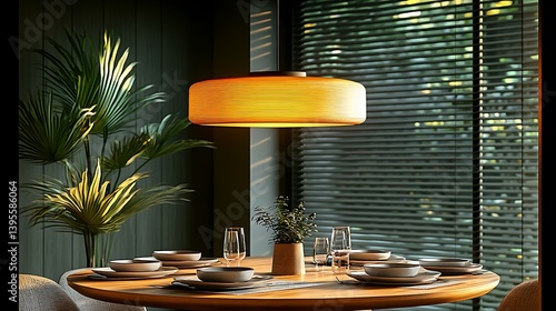Elegant dining room interior featuring round wooden table, contemporary lighting fixture, greenery, and natural light from window blinds.