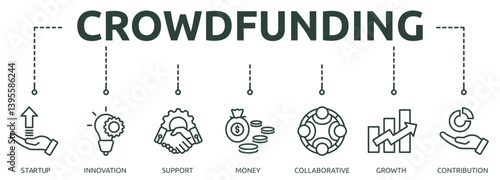 crowdfunding outline banner icon of starup, innovation, support, money, collaborative, growth, contribution