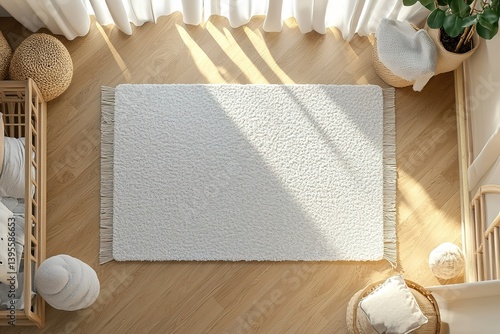 Mock up for carpet. Children room interior in minimalist, contemporary style. Top view. Free, copy space on parquet floor for your carpet or rug design. Modern template. 3D rendering