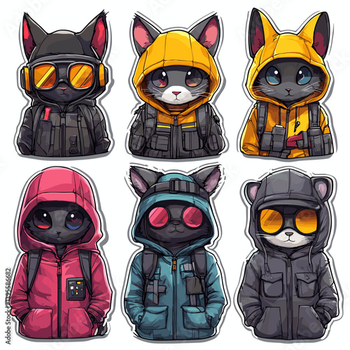 Set of cute black cat characters in hoodies and tactical outfits, wearing goggles and headphones, illustrated in a modern cartoon sticker style with urban and techwear vibes