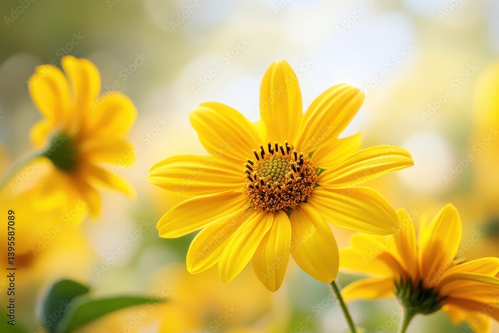 Obraz premium Vibrant Heliopsis Blooms in a Serene Park, Showcasing Delicate Beauty and Abundant Copy Space for Eco-Friendly Gardening Inspiration
