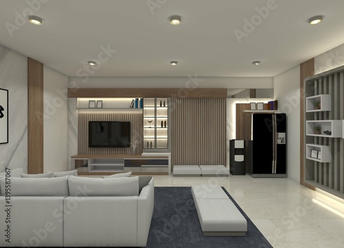 3D rendering of a luxurious and modern living room interior, complete with a TV cabinet and panel, a dedicated refrigerator and beverage space, display units for accessories, and sofas.