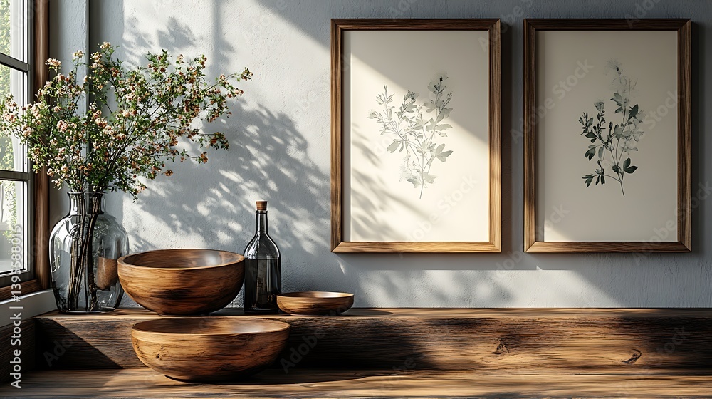 Elegant Interior Still Life: Wooden Bowls, Floral Arrangement, Artwork in Natural Light Setting, Decorative Elements.