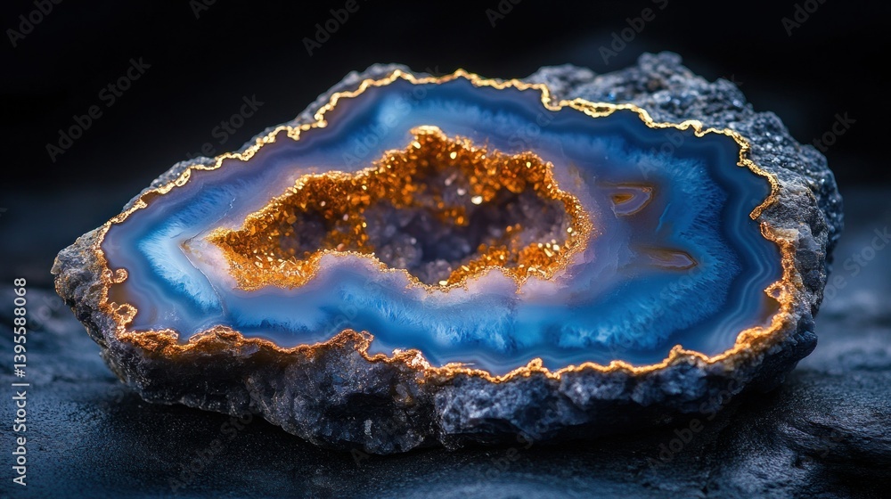 Obraz premium Stunning geode slice, showcasing a vibrant blue-toned agate with a golden interior cavity