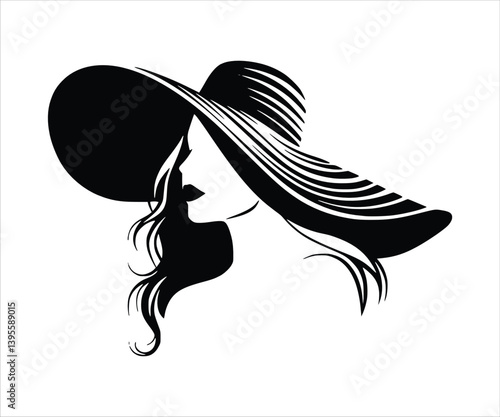 Outline of a stunning woman wearing a stylish hat. Vector graphic.