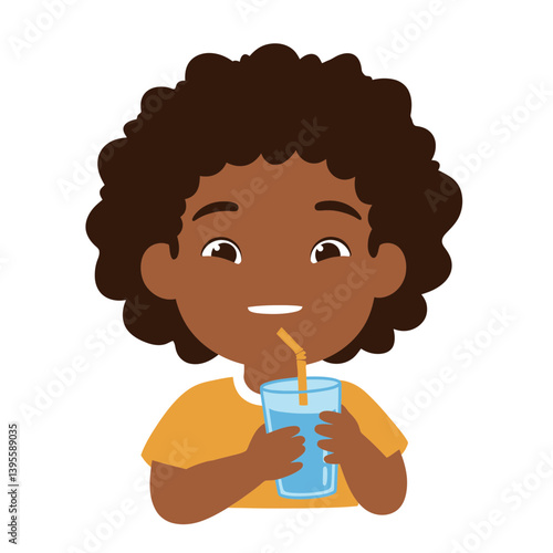 Hydration Delight: A charming young individual with curly hair enjoys a refreshing drink, embracing a simple pleasure.