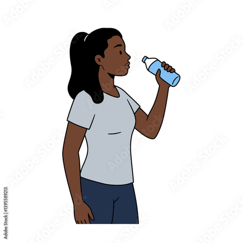 Hydration Break: A focused woman quenches her thirst, enjoying the refreshing taste of water from a reusable bottle in a vector illustration.