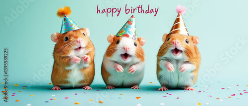 Wallpaper Mural Happy Birthday or other festive celebration, funny animals animal card - hamsters with party hats and text "happy birthday", blue background  Torontodigital.ca