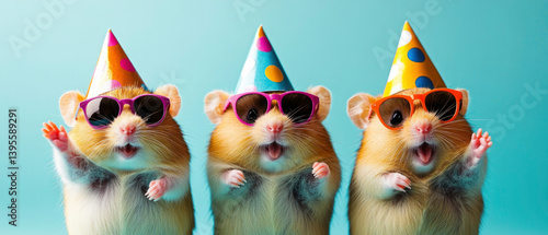 Wallpaper Mural Happy Birthday, carnival, New Year's eve, sylvester or other festive celebration, funny animals card - hamsters with party hats and sunglasses, blue background Torontodigital.ca
