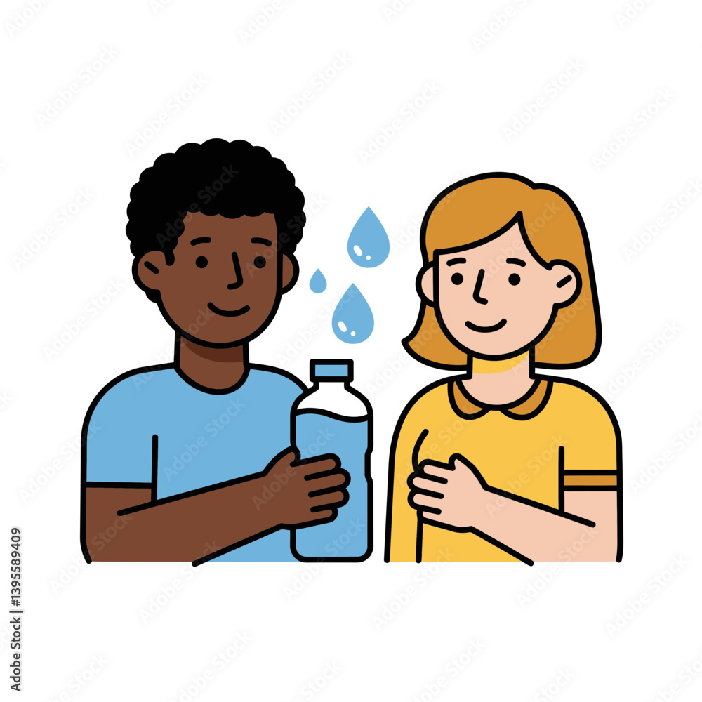 Hydration Sharing: Illustration showing a collaborative exchange of bottled water. The artwork emphasizes the vital act of sharing and caring, set against the backdrop of a vibrant. Hydration Sharing: Illustration showing a collaborative exchange of bottled water. The artwork emphasizes the vital act of sharing and caring, set against the backdrop of a vibrant.