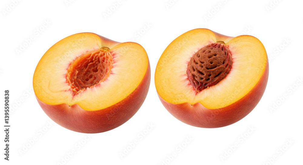Isolated Two Peach Halves with Visible Pits Isolated Two Peach Halves with Visible Pits