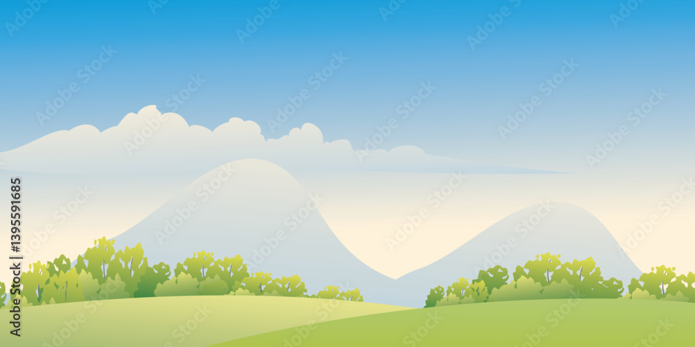 Fototapeta premium Peaceful Summer Landscape with Green Hills and Blue Sky