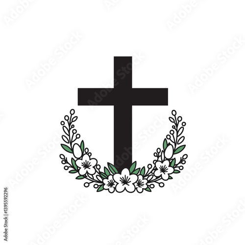 Cross of faith: A dignified emblem of faith and devotion, a bold black cross stands center stage, gently embraced by a wreath of verdant leaves and delicate blossoms. Symbol of eternal life.