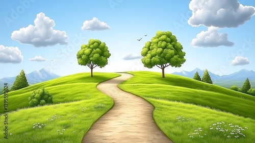 Serene landscape featuring a winding path through lush green hills under a bright blue sky