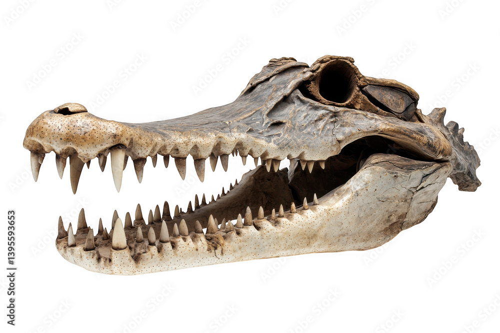 Fototapeta premium A detailed view of an alligator skull with many sharp teeth shown on transparent background