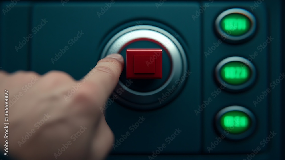 Finger Depressing Red Button with Green Display Lights on a Control Panel, Indicating Action or Activation.