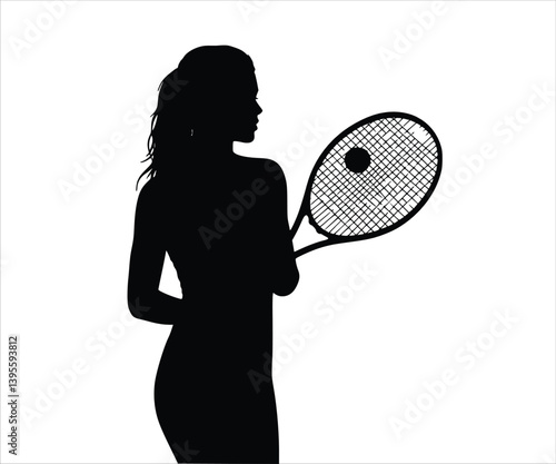 vector illustration showcasing the silhouette of a woman wielding a tennis racket, all on a white background.