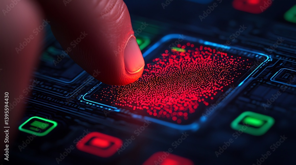 Finger interacting with a glowing, futuristic interface featuring illuminated buttons and intricate, abstract circuit patterns close up.