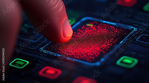 Obraz na płótnie Finger interacting with a glowing, futuristic interface featuring illuminated buttons and intricate, abstract circuit patterns close up. w salonie