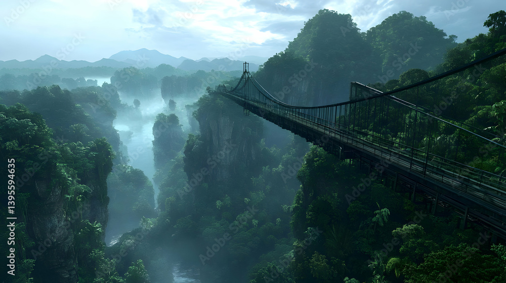 Obraz premium Misty Jungle Bridge Over Canyon