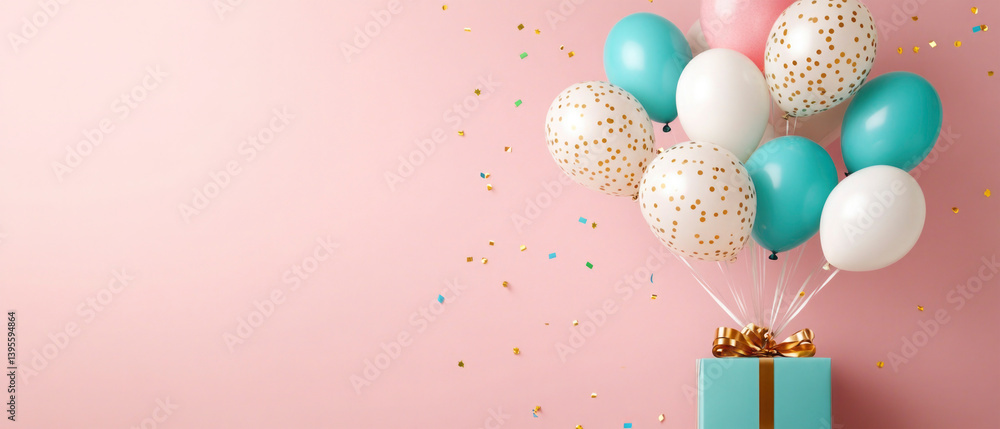 custom made wallpaper toronto digitalBeautiful happy birthday or festive celebration, pastel pink color background with white turquoise pink balloons and gift box, party, new, year, christmas, xmas, greeting card