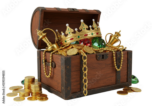 Fotografía Isolated Treasure Chest with Gold Coins Crown and Jewels