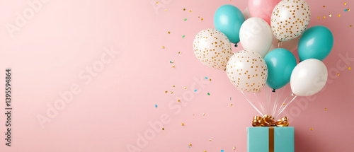 Wallpaper Mural Beautiful happy birthday or festive celebration, pastel pink color background with white turquoise pink balloons and gift box, party, new, year, christmas, xmas, greeting card Torontodigital.ca