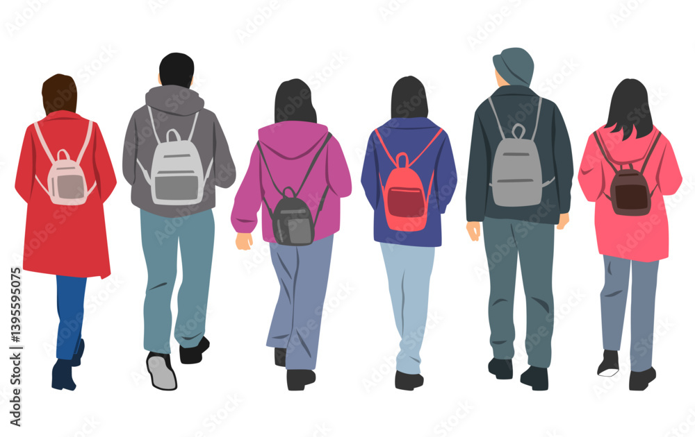 Set of men and women walking with backpack, back view, different colors, cartoon character, silhouettes people, fashion hoodie; design concept of flat icon, hand draw vector illustration, isolated on