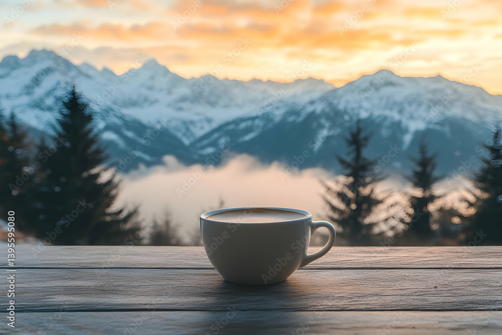 A cup of coffee on the table with snow-capped mountains in the background at sunset.
A cup of coffee on the table with snow-capped mountains in the background at sunset.