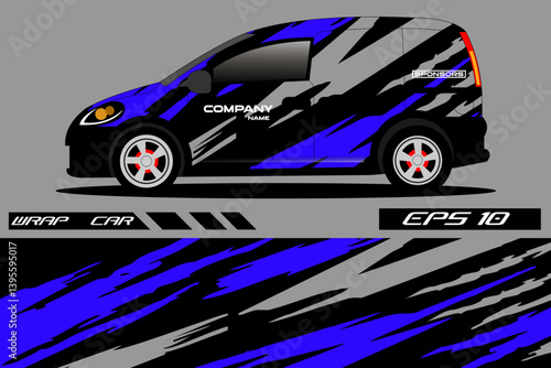 Stylish blue and black wrapped car design showcasing dynamic patterns and sleek lines