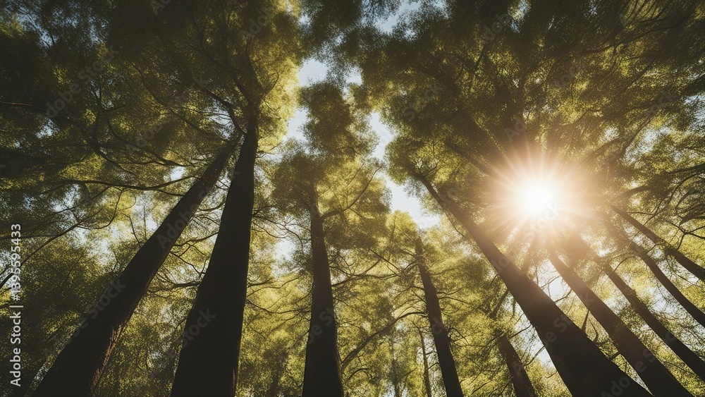 Obraz premium sun rays through trees the sun shining through the trees in the forest at sunset