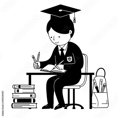 Aspirations and Education: A focused student, adorned with a mortarboard, diligently engrossed in the pursuit of knowledge at a desk, surrounded by academic tools and the promise of a bright future.