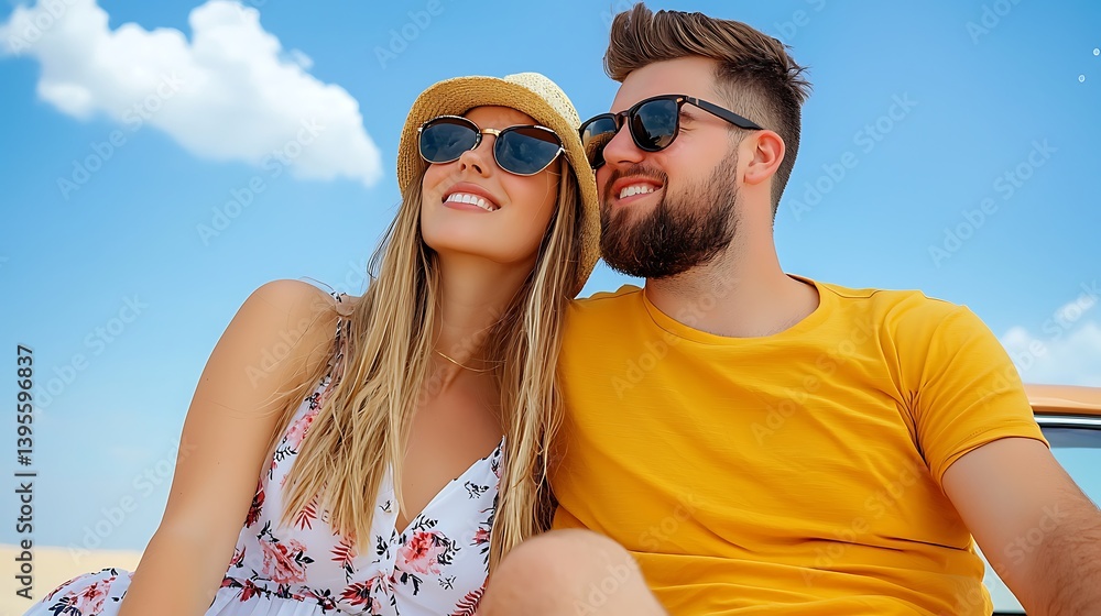 Happy Young Couple Smiling Together Under Bright Blue Sky Happy Young Couple Smiling Together Under Bright Blue Sky
