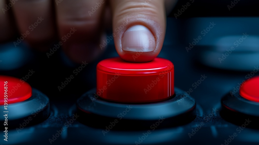 Finger Presses Red Button on Dark Console, A Moment of Action and Activation in Vivid Detail.