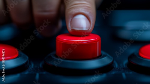 Obraz na płótnie Finger Presses Red Button on Dark Console, A Moment of Action and Activation in Vivid Detail. w salonie