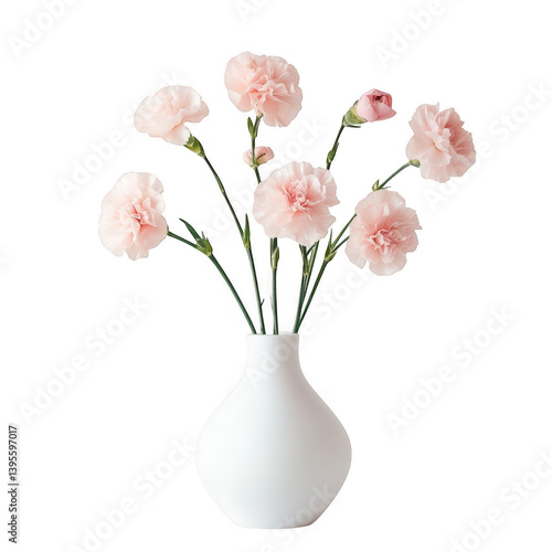 Arrangement of pale pink carnations in a white ceramic vase still life on transparent background