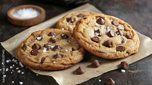 Freshly baked chocolate chip cookies on a rustic table with a sprinkle of sea salt and a wooden bowl