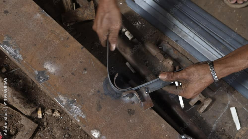 close up of hands bending iron without wearing gloves. unsafety work close up of hands bending iron without wearing gloves. unsafety work