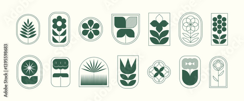 Set of minimalist plant and flower logos. Botanical emblems and symbols. Various floral vector illustrations in geometric style.