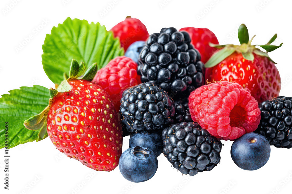 Assortment of fresh berries including strawberries and blackberries on transparent background Assortment of fresh berries including strawberries and blackberries on transparent background