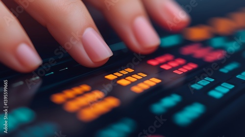 Fingers on illuminated digital interface displaying colorful data visualizations, depicting future trends and technology progress with a focus on data analysis.
