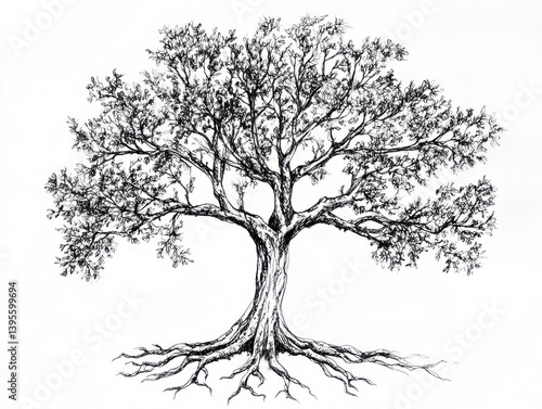 Majestic oak tree, roots exposed, white background, nature illustration, design element (1)