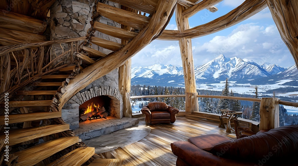 Fototapeta premium Cozy cabin interior with wooden decor and mountain view