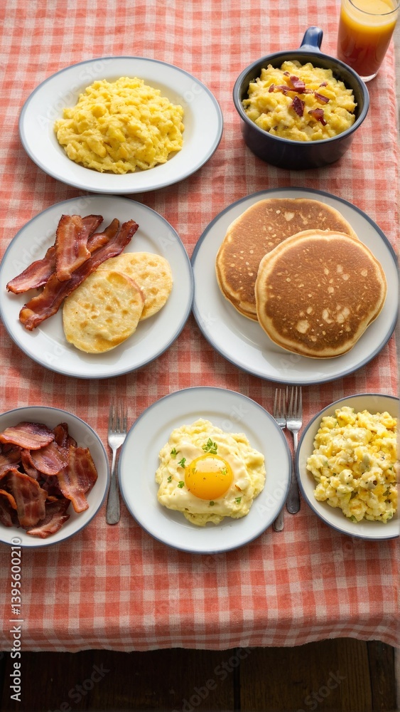 A Delectable Morning Spread: Pancakes, Scrambled Eggs, Crispy Bacon, and More on a Charming Gingham Tablecloth. A Delectable Morning Spread: Pancakes, Scrambled Eggs, Crispy Bacon, and More on a Charming Gingham Tablecloth.